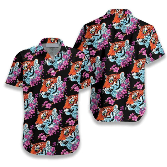Tiger Flower Art On Black Background Hawaiian Shirt,Hawaiian Shirt Gift, Christmas Gift