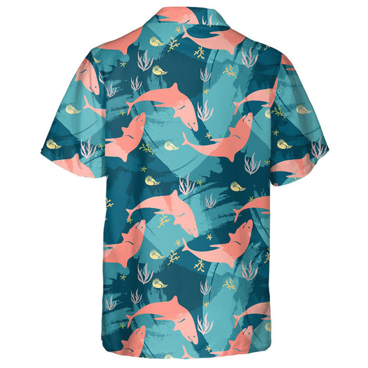 Sea Life Of Orange Shark Pattern On Blue Background Hawaiian Shirt, Hawaiian Shirt Gift, Christmas Gift