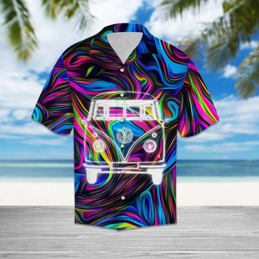 Watercolor Hippie Bus On Tie Dye Pattern Hawaiian Shirt, Hwaiian For Gift