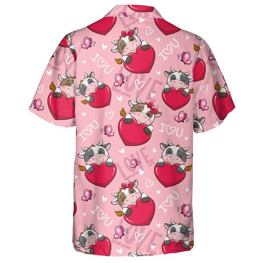 Cute Cartoon Valentine Love Cow And Big Heart Hawaiian Shirt, Hawaiian Shirt Gift, Christmas Gift