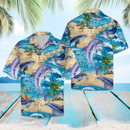 Awesome Dolphin Summer Vacation Ocean Wave Pattern Hawaiian Shirt, Hawaiian Shirt Gift, Christmas Gift