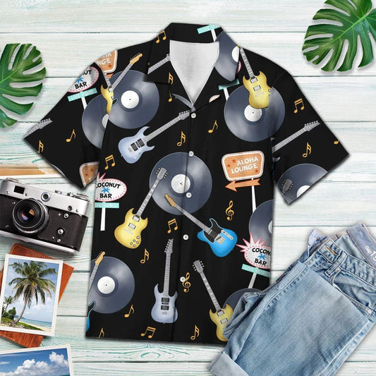 Vintage Style Vinyl Rock And Roll Black Background Hawaiian Shirt, Hawaiian Shirt Gift, Christmas Gift