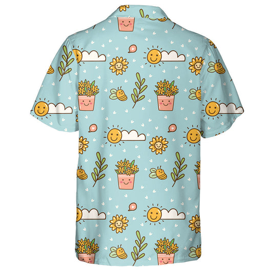 Happy Summer Day With Cartoon Sunflowers Sun And Bees Hawaiian Shirt, Hawaiian Shirt Gift, Christmas Gift
