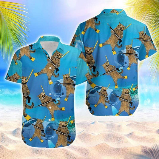 Cat Hawaiian Shirt - Funny Cat Diving Blue Ocean Hawaiian Shirt - Present For Cat Lovers– Dnstyles_Hawaiian Shirt Gift, Christmas Gift