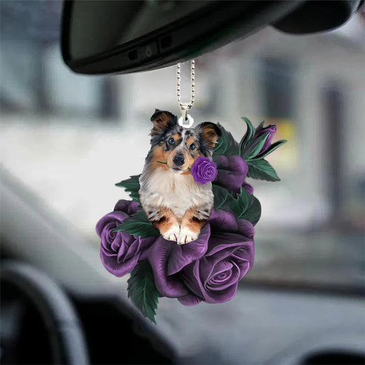 Shetland Sheepdog In Purple Rose Car Hanging Ornament, Christmas Decoration