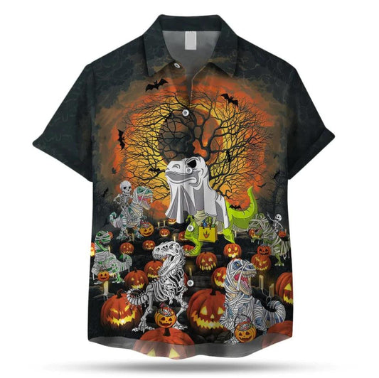 Happy Halloween Dinosaur In Pumpkin Patch Hawaiian Shirt, Hawaiian For Gift