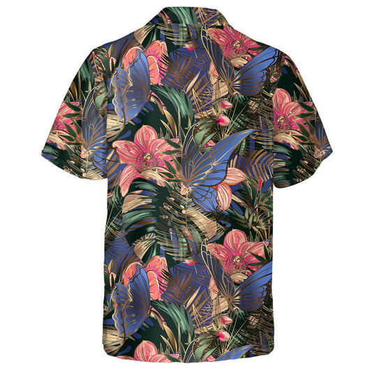 Theme Golden Tropical Leaves With Orchids And Butterflies Hawaiian Shirt, Hawaiian Shirt Gift, Christmas Gift