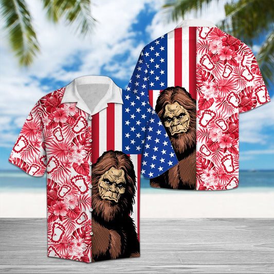 Cool Bigfoot Usa And Tropical Plants Pattern Hawaiian Shirt, Hawaiian Shirt Gift, Christmas Gift