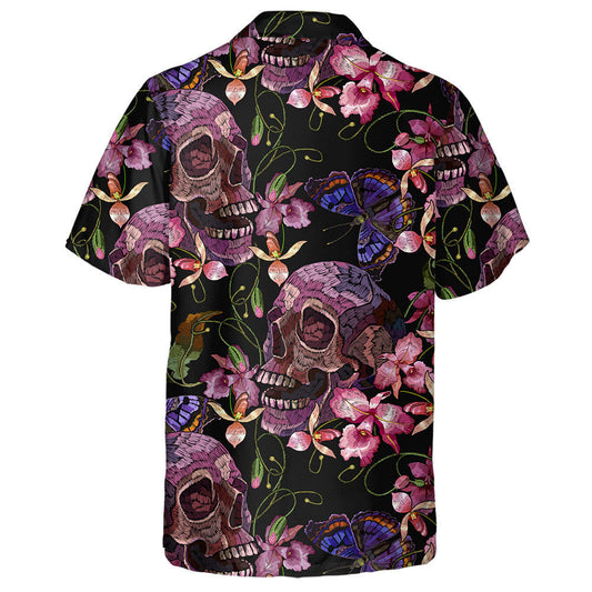 Spring Theme Embroidery Skull Butterflies And Pink Orchid Hawaiian Shirt, Hawaiian Shirt Gift, Christmas Gift