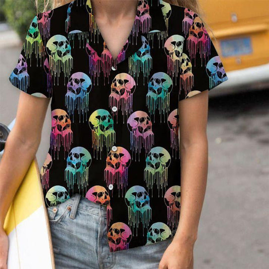 Skull Colorful With Black Background Pattern Hawaiian Shirt,Hawaiian Shirt Gift, Christmas Gift