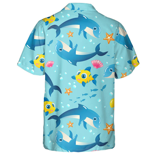 Pattern With Dolphins Fish Starfish Seashells Jellyfish And Bubbles Hawaiian Shirt, Hawaiian Shirt Gift, Christmas Gift