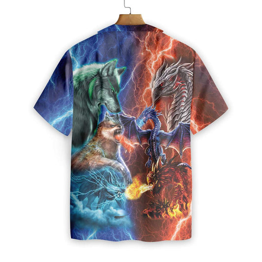 Red Dragon Vs Blue Wolves Pattern Hawaiian Shirt,Hawaiian Shirt Gift, Christmas Gift