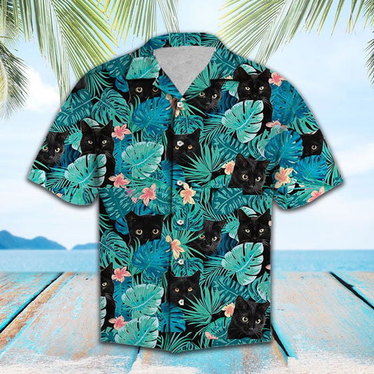 Cute Black Cat Hide In Tropical Leaves Pattern Hawaiian Shirt, Hawaiian Shirt Gift, Christmas Gift