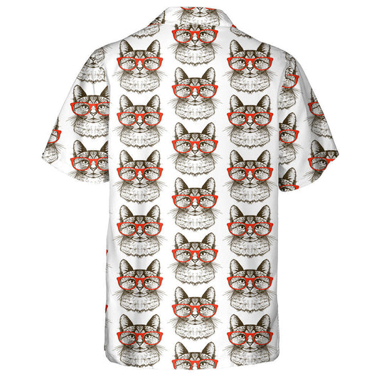 Hipster Cat And Red Glasses Hand Drawn Hawaiian Shirt, Hawaiian Shirt Gift, Christmas Gift