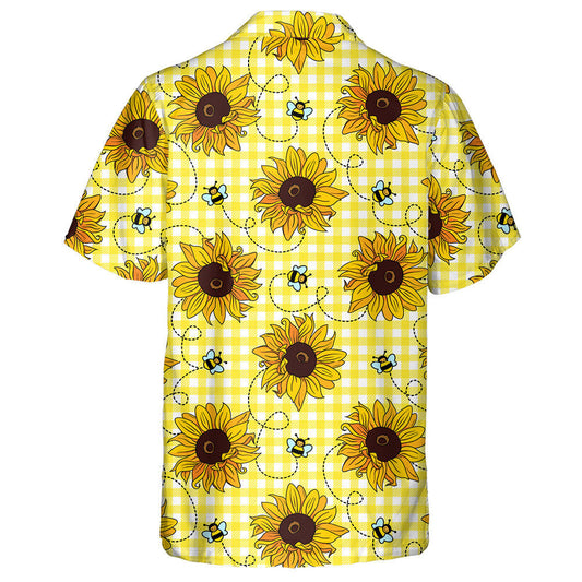 Cute Flying Bees And Sunflowers On Yellow Checkered Background Hawaiian Shirt, Hawaiian Shirt Gift, Christmas Gift