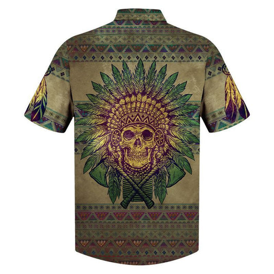 Native American Skull Cross Green Feathers Pattern Hawaiian Shirt, Hawaiian Shirt Gift, Christmas Gift