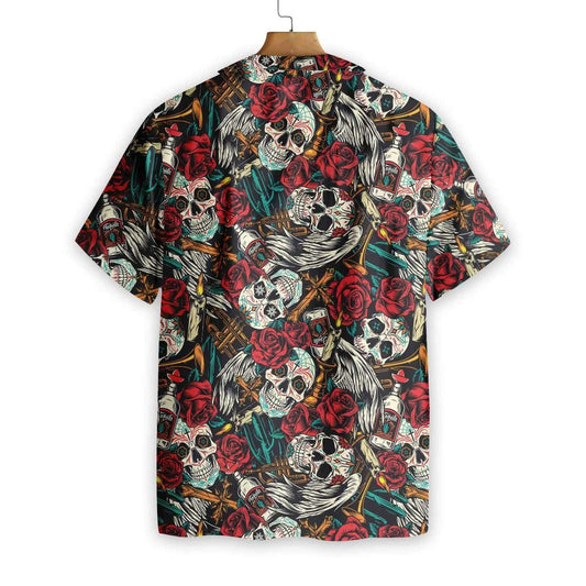 Day Of The Dead Skull With Red Roses Pattern Hawaiian Shirt, Hawaiian Shirt Gift, Christmas Gift