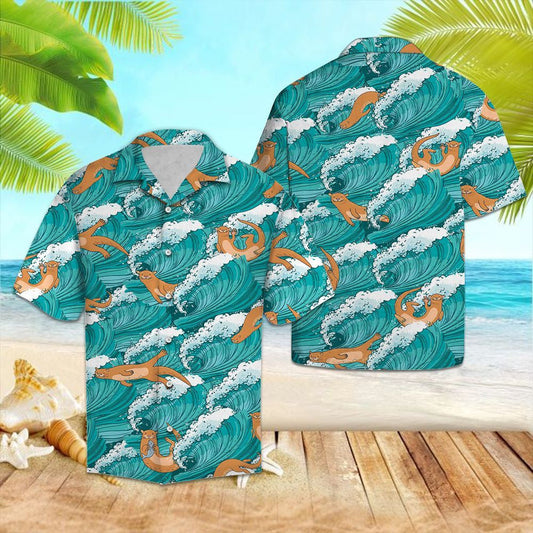 Cartoon Wild Otter Jumping On Sea Waves Pattern Hawaiian Shirt, Hawaiian Shirt Gift, Christmas Gift