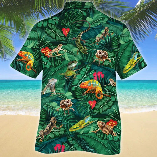 Colorful Lizard Lovers Summer Beach Palm Tree Pattern Hawaiian Shirt, Hawaiian Shirt Gift, Christmas Gift