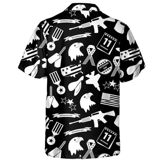 American Veterans Day Celebration Symbols In Black And White Hawaiian Shirt, Hawaiian Shirt Gift, Christmas Gift