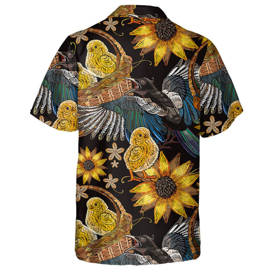 Embroidery Chickens Magpie Birds And Sunflowers In Basket Hawaiian Shirt, Hawaiian Shirt Gift, Christmas Gift