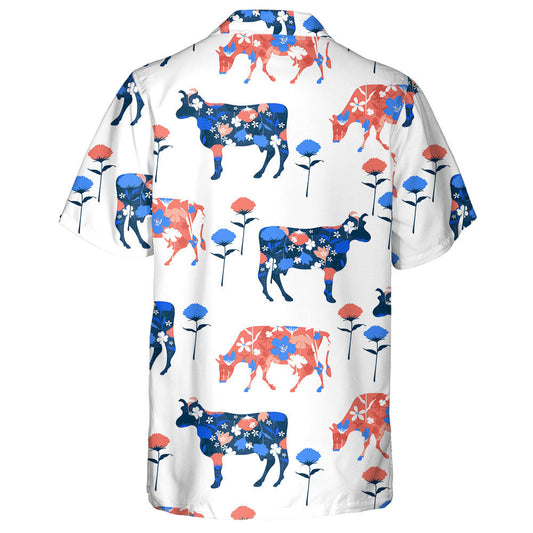 Red Flora And Cute Cows Character In Various Positions Hawaiian Shirt, Hawaiian Shirt Gift, Christmas Gift