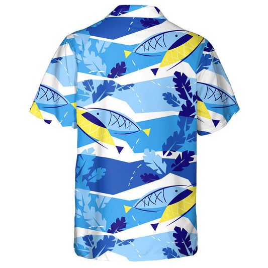 Blue And White Waves Background With Fish And Seaweed Hawaiian Shirt, Hawaiian Shirt Gift, Christmas Gift