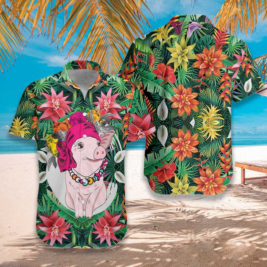 Flower And Pig Watercolor Design Hawaiian Shirt,Hawaiian Shirt Gift, Christmas Gift