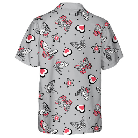 Hand Drawn Butterflies And Hearts With Dotted Stars Hawaiian Shirt, Hawaiian Shirt Gift, Christmas Gift