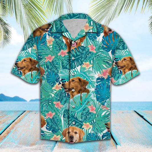 Tropical Golden Retriever Dog With Monstera Leafs Pattern Hawaiian Shirt, Hawaiian Shirt Gift, Christmas Gift