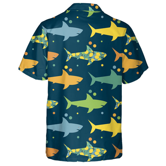 Colorful Sharks With Tropical Fruits And Leaves Pattern Hawaiian Shirt, Hawaiian Shirt Gift, Christmas Gift