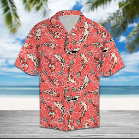 Koi Fish Hand Drawn Flowers In Coral Hawaiian Shirt, Hawaiian Shirt Gift, Christmas Gift