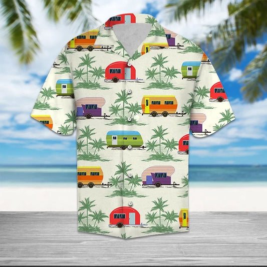 Caravan Green Palm Trees In White Design Hawaiian Shirt, Hawaiian Shirt Gift, Christmas Gift