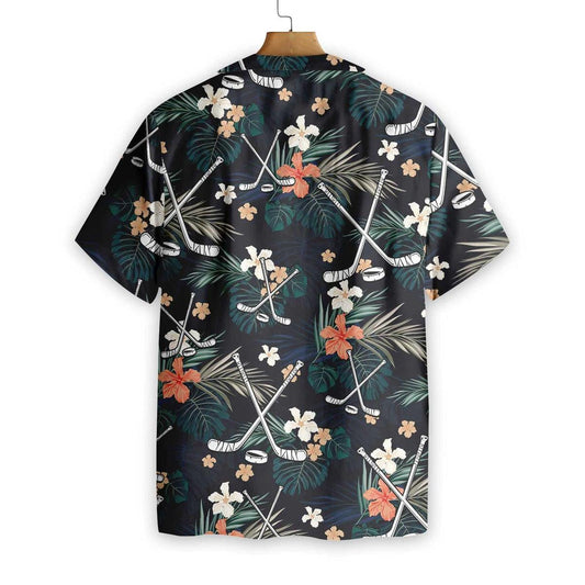 Hockey Tropical Hibiscus Plumeria Black Blue Design Hawaiian Shirt, Hawaiian Shirt Gift, Christmas Gift