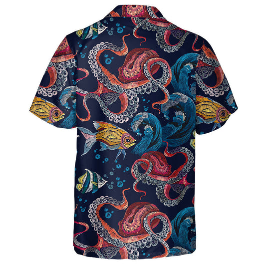 Embroidery Octopus Sea Waves Tropical Fishes Watercolor Design Hawaiian Shirt, Hawaiian Shirt Gift, Christmas Gift
