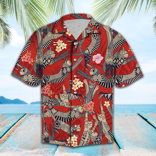 Retro Cat Party Red Background Cartoon Pattern Hawaiian Shirt, Hawaiian Shirt Gift, Christmas Gift
