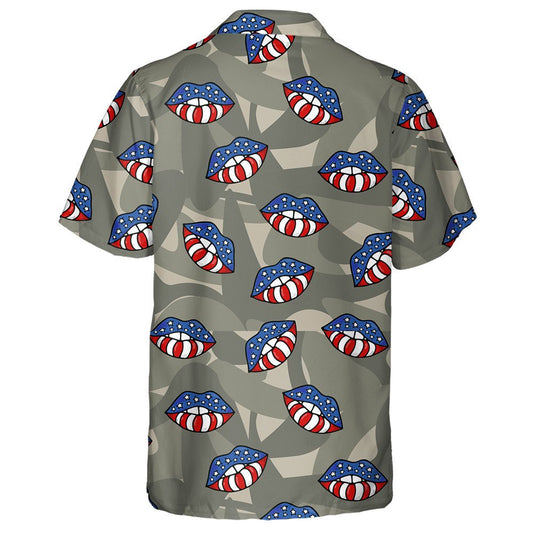 Lips Of The Flag Of America On Camouflage Military Background Hawaiian Shirt, Hawaiian Shirt Gift, Christmas Gift