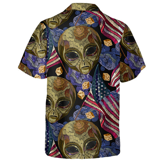 Creepy Alien Head Rippled American Flag Embroidery Pattern Hawaiian Shirt, Hawaiian Shirt Gift, Christmas Gift