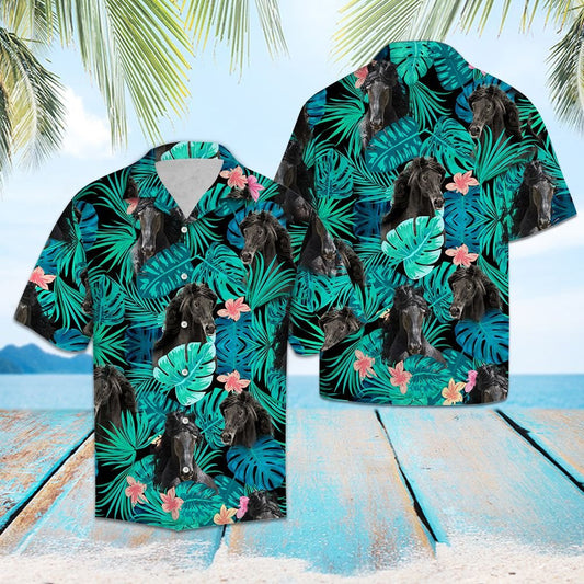 Friesian Horse Green Monstera Leaves Design Hawaiian Shirt, Hawaiian Shirt Gift, Christmas Gift