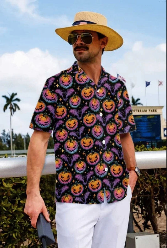 Halloween Purple Glowing Scary Evil Pumkins Abtract Background Hawaiian Shirt, Hawaiian Shirt Gift, Christmas Gift