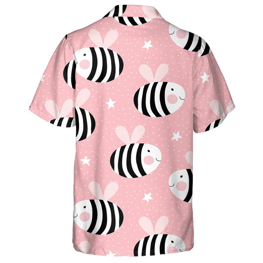 Black White Cute Bee And Star On Pink Hawaiian Shirt, Hawaiian Shirt Gift, Christmas Gift