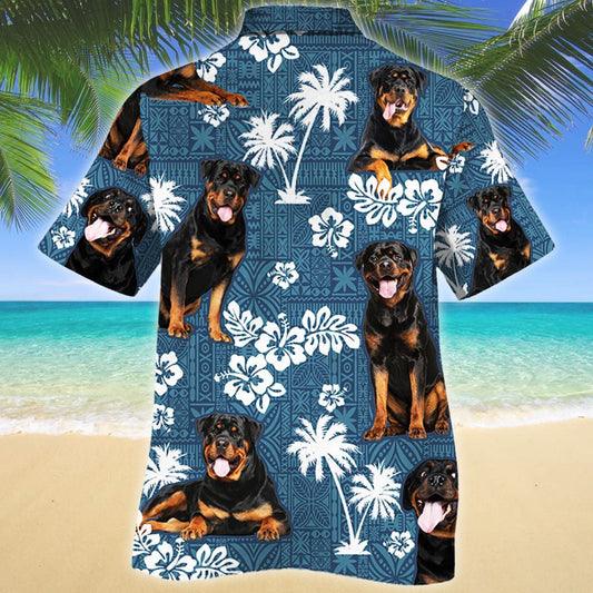 Tongue Out Rottweiler Dog Blue Tribal Hibiscus Pattern Hawaiian Shirt, Hawaiian Shirt Gift, Christmas Gift