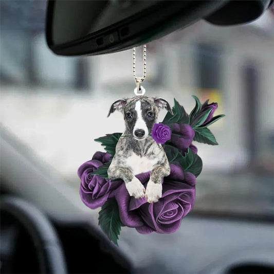 Whippet In Purple Rose Car Hanging Ornament, Christmas Decoration