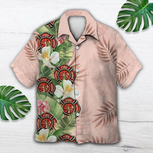 Tropical Firefighter With Green Leaves On Pink Pattern Hawaiian Shirt, Hawaiian Shirt Gift, Christmas Gift
