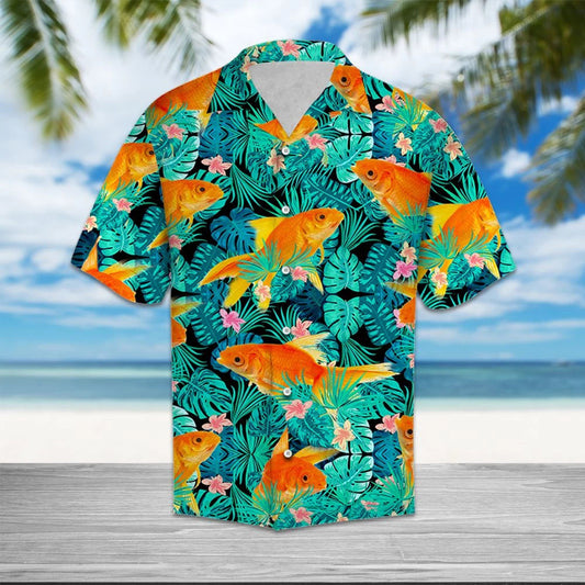Goldfish With Tropical Leaves And Flowers Hawaiian Shirt,Hawaiian Shirt Gift, Christmas Gift