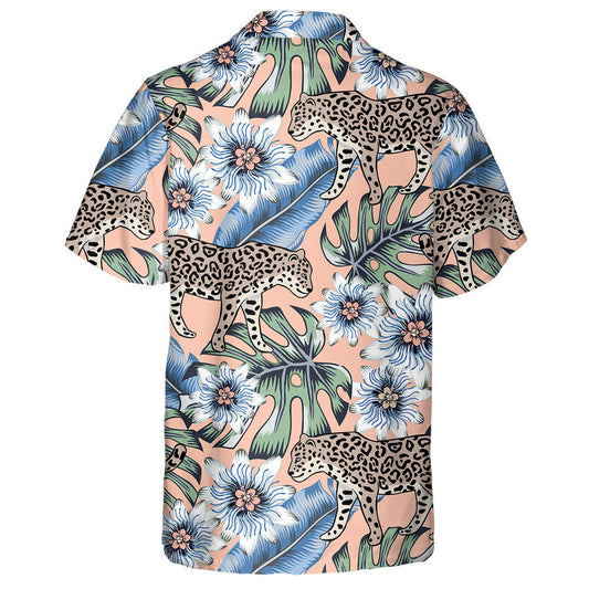 Tropical Leopard Animal And Passion Flowers Pink Background Hawaiian Shirt, Hawaiian Shirt Gift, Christmas Gift
