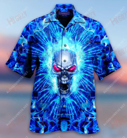 Blue Firing Skull Short Sleeve Shirt Summer Hawaiian T Shirts Best Hawaiian Shirts Hawaiian Shirt Pattern, Hawaiian Shirt Gift, Christmas Gift