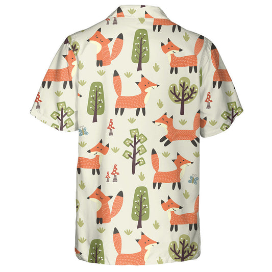 Cute Cartoon Trees Mushrooms And Funny Fox Pattern Hawaiian Shirt, Hawaiian Shirt Gift, Christmas Gift
