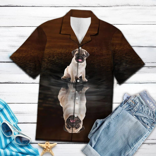 Playful And Cute Pug Reflection On Water Themed Hawaiian Shirt, Hawaiian Shirt Gift, Christmas Gift
