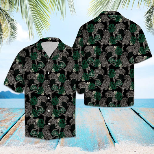 Leopard In Deep Forest Green Monstera Leaves Hawaiian Shirt, Hawaiian Shirt Gift, Christmas Gift